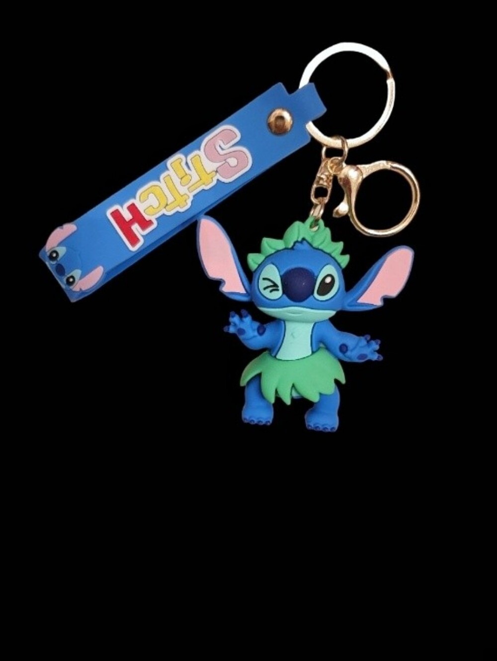 Stitch Rubber Keychain with Blue & Green Hula Design